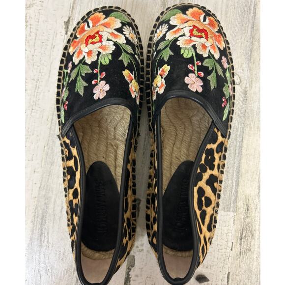 Johnny Was womens size 6 embroidered leopard leather espadrille shoes floral new